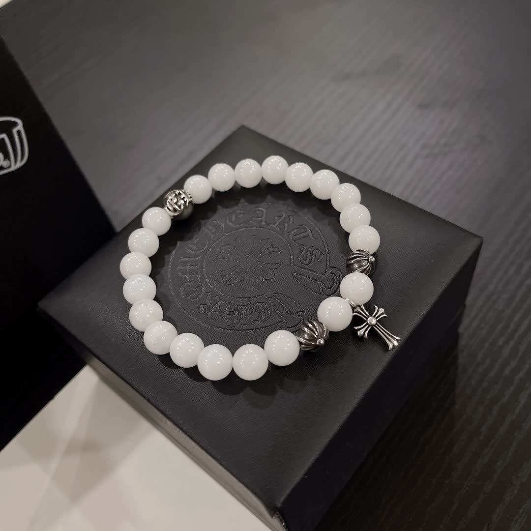 Chrome Hearts White Bead Bracelet with Cross Charm